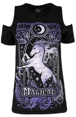 Czarny damski T-shirt cold shoulder MAGICAL UNICORN PURPLE-Restyle Best