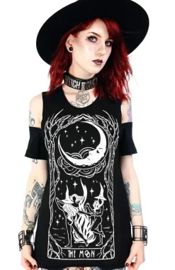 Czarny damski T-shirt cold shoulder Witches Chant czarownice-Restyle Best