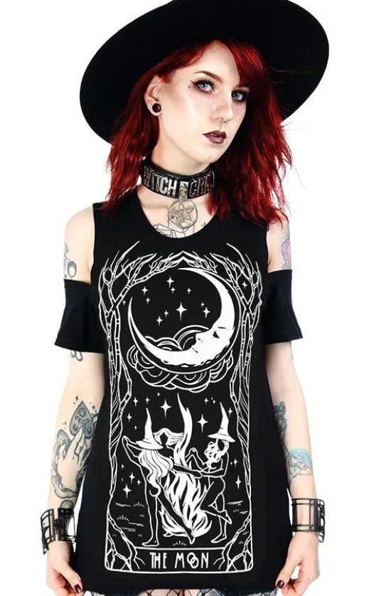 Czarny damski T-shirt cold shoulder Witches Chant czarownice-Restyle Best