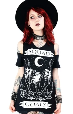 Czarny damski T-shirt cold shoulder Squad Goals-Restyle Clearance