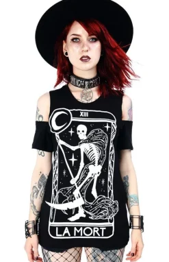 Czarny damski T-shirt cold shoulder śmierć tarot La Mort-Restyle Hot