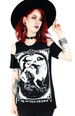 Czarny damski T-shirt cold shoulder Me in Ten Years-Restyle Fashion