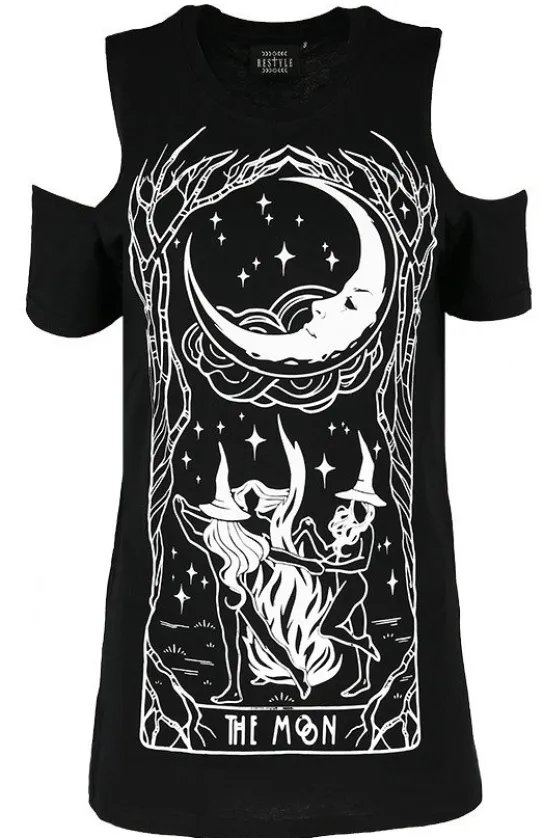 Czarny damski T-shirt cold shoulder Witches Chant czarownice-Restyle Best