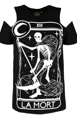 Czarny damski T-shirt cold shoulder śmierć tarot La Mort-Restyle Hot