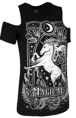Czarny damski T-shirt cold shoulder MAGICAL UNICORN GRAY-Restyle Discount