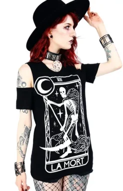 Czarny damski T-shirt cold shoulder śmierć tarot La Mort-Restyle Hot