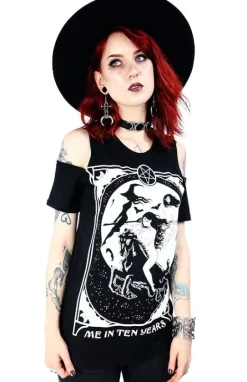 Czarny damski T-shirt cold shoulder Me in Ten Years-Restyle Fashion