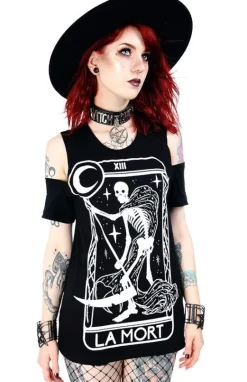 Czarny damski T-shirt cold shoulder śmierć tarot La Mort-Restyle Hot