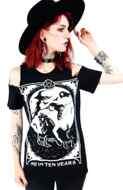 Czarny damski T-shirt cold shoulder Me in Ten Years-Restyle Fashion
