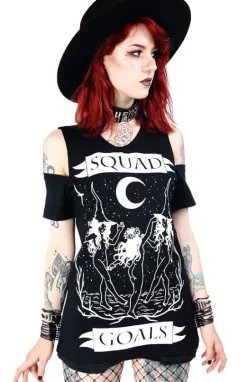 Czarny damski T-shirt cold shoulder Squad Goals-Restyle Clearance