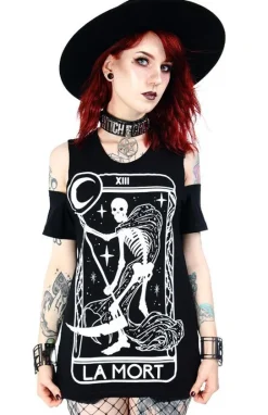 Czarny damski T-shirt cold shoulder śmierć tarot La Mort-Restyle Hot