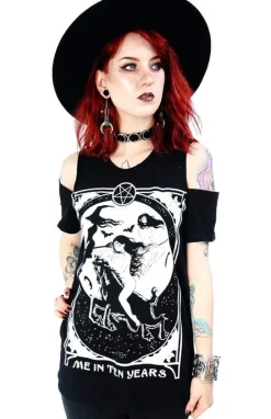 Czarny damski T-shirt cold shoulder Me in Ten Years-Restyle Fashion