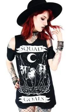 Czarny damski T-shirt cold shoulder Squad Goals-Restyle Clearance