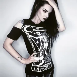 Czarny damski T-shirt cold shoulder śmierć tarot La Mort-Restyle Hot