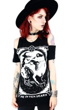 Czarny damski T-shirt cold shoulder Me in Ten Years-Restyle Fashion