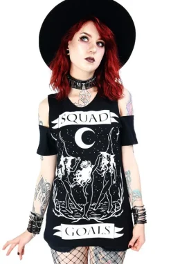 Czarny damski T-shirt cold shoulder Squad Goals-Restyle Clearance