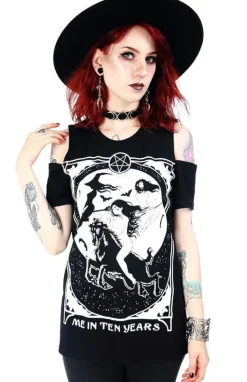 Czarny damski T-shirt cold shoulder Me in Ten Years-Restyle Fashion
