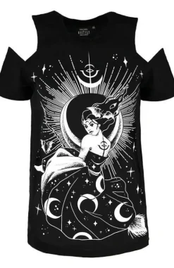 Czarny damski T-shirt gotycki z czarownicą NOX COLD SHOULDER-Restyle Best