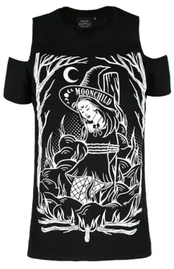 Czarny damski T-shirt gotycki BURN THE WITCH COLD SHOULDER-Restyle Sale