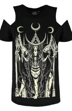 Czarny damski T-shirt gotycki Boginie HECATE COLD SHOULDER-Restyle Sale