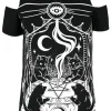 Czarny damski T-shirt gotycki CAT SABBATH COLD SHOULDER-Restyle Clearance