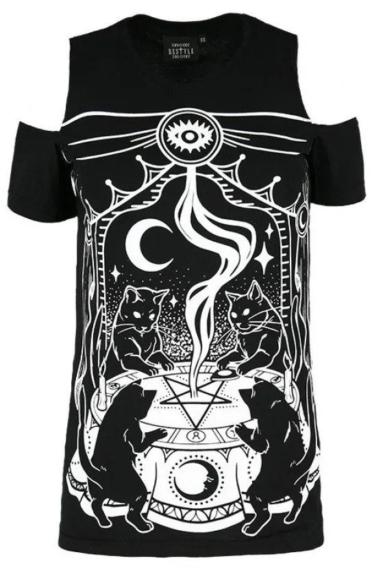 Czarny damski T-shirt gotycki CAT SABBATH COLD SHOULDER-Restyle Clearance