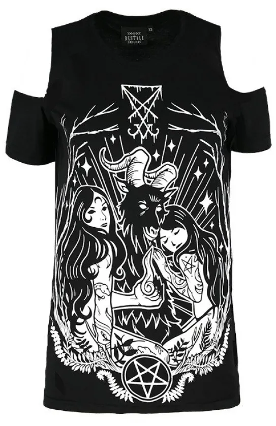 Czarny damski T-shirt gotycki LUCIFER COLD SHOULDER-Restyle Best