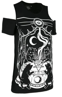 Czarny damski T-shirt gotycki CAT SABBATH COLD SHOULDER-Restyle Clearance