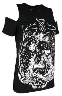 Czarny damski T-shirt gotycki LUCIFER COLD SHOULDER-Restyle Best