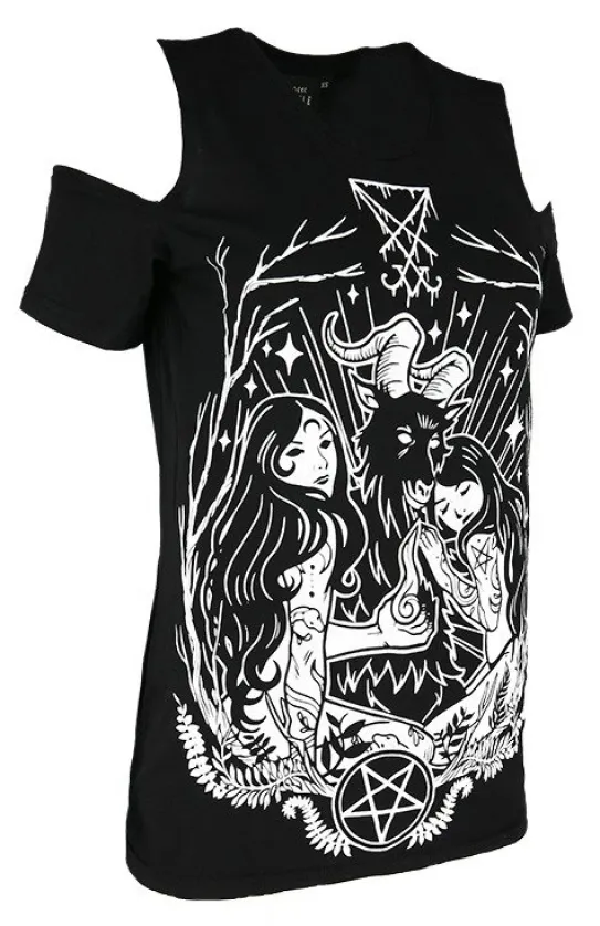 Czarny damski T-shirt gotycki LUCIFER COLD SHOULDER-Restyle Best