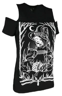 Czarny damski T-shirt gotycki BURN THE WITCH COLD SHOULDER-Restyle Sale