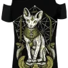 Czarny damski T-shirt kot SPHINX CAT COLD SHOULDER-Restyle Fashion
