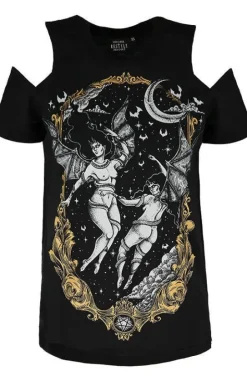 Czarny damski T-shirt Succuby LAS FURIAS COLD SHOULDER-Restyle Clearance