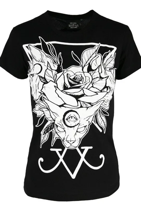 Czarny damski T-shirt Threeheaded cat-Restyle Outlet