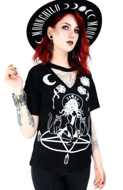 Czarny damski T-shirt z chokerem Witch & Cats-Restyle Sale