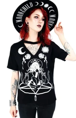 Czarny damski T-shirt z chokerem Witch & Cats-Restyle Sale