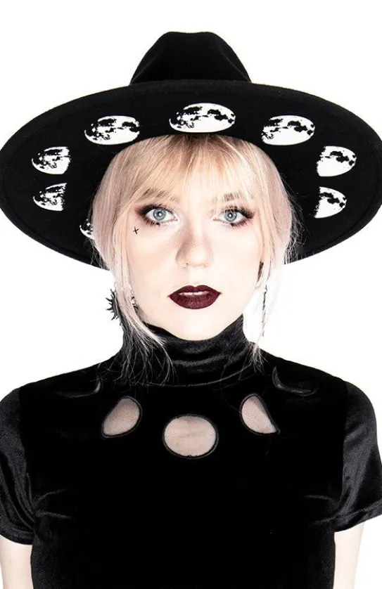 Czarny kapelusz MOON PHASES z księżycem i szerokim rondem-Restyle Fashion