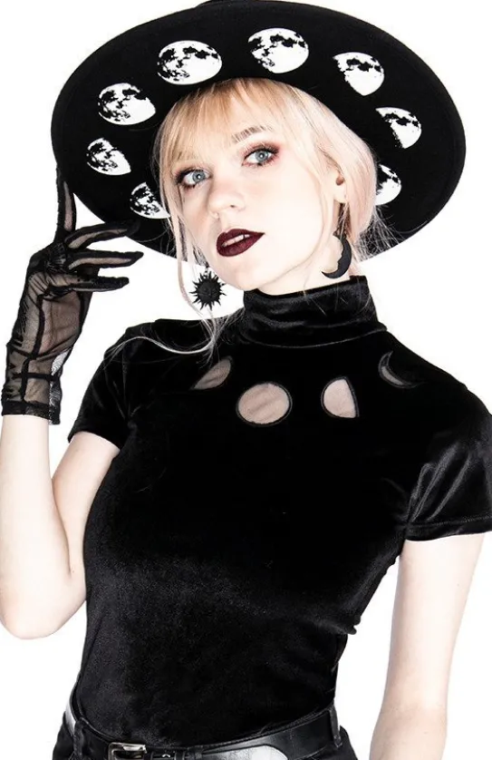 Czarny kapelusz MOON PHASES z księżycem i szerokim rondem-Restyle Fashion