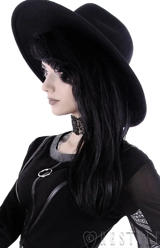 Czarny kapelusz z szerokim rondem, usztywniany kapelusz, welna "WITCH"-Restyle New