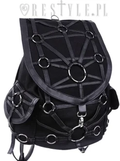 Czarny plecak z kieszeniami, harness, skórzane paski"O-RING BACKPACK"-Restyle Clearance