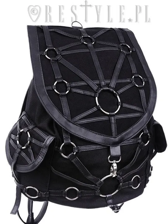 Czarny plecak z kieszeniami, harness, skórzane paski"O-RING BACKPACK"-Restyle Clearance