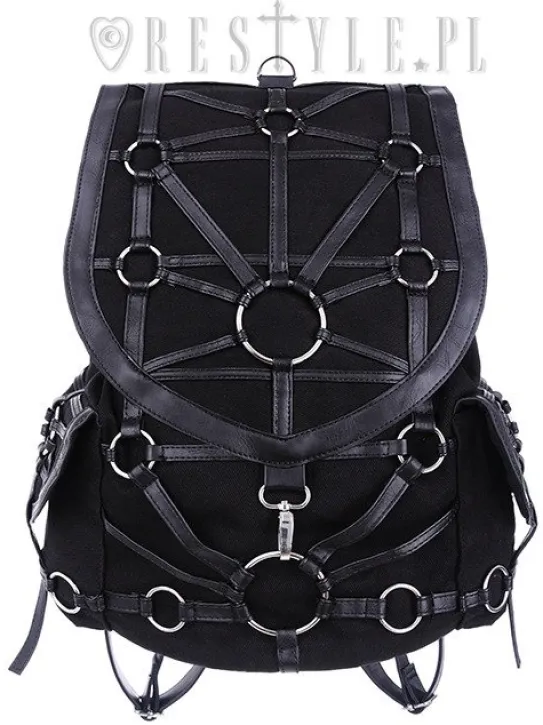 Czarny plecak z kieszeniami, harness, skórzane paski"O-RING BACKPACK"-Restyle Clearance