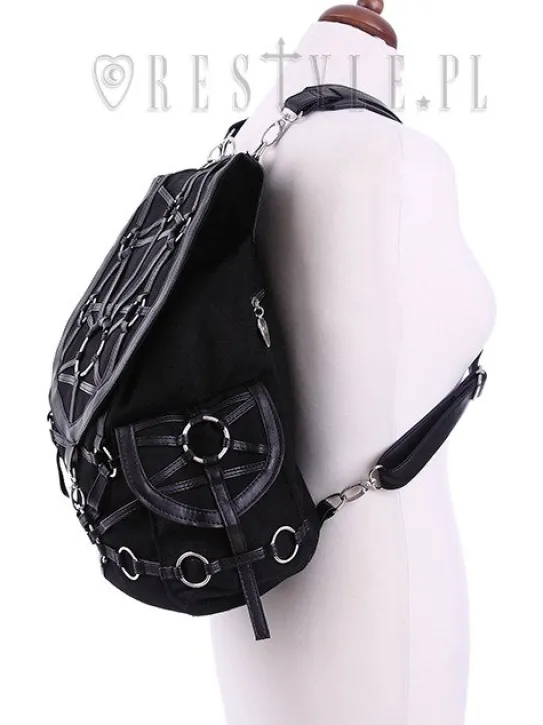 Czarny plecak z kieszeniami, harness, skórzane paski"O-RING BACKPACK"-Restyle Clearance
