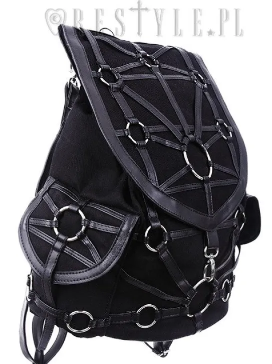 Czarny plecak z kieszeniami, harness, skórzane paski"O-RING BACKPACK"-Restyle Clearance