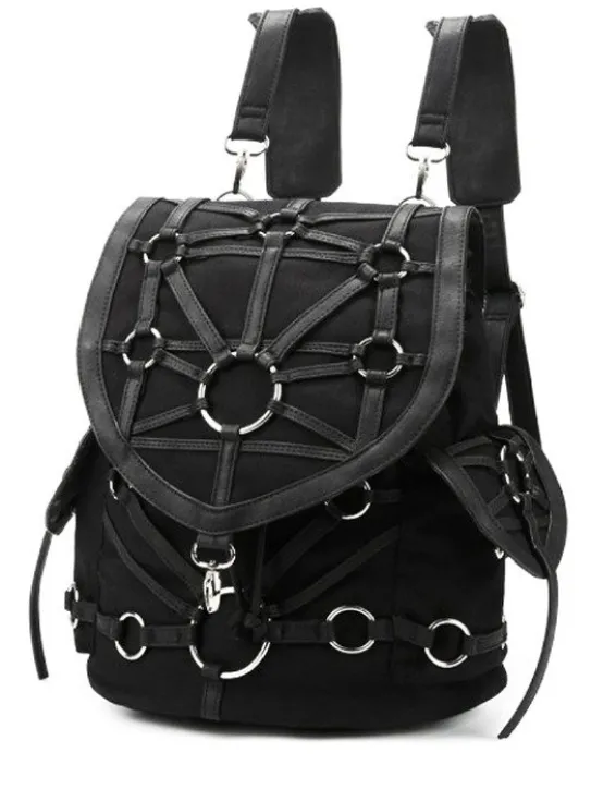 Czarny plecak z kieszeniami, harness, skórzane paski"O-RING BACKPACK"-Restyle Clearance