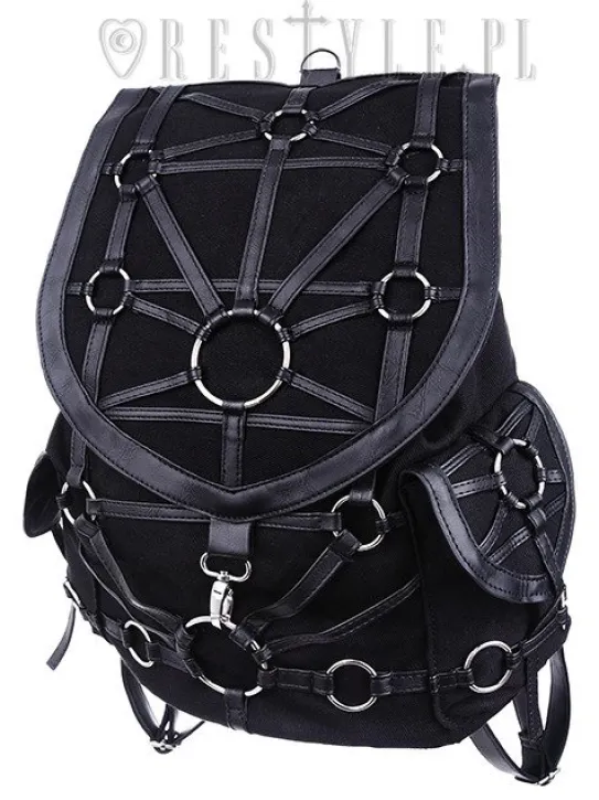 Czarny plecak z kieszeniami, harness, skórzane paski"O-RING BACKPACK"-Restyle Clearance