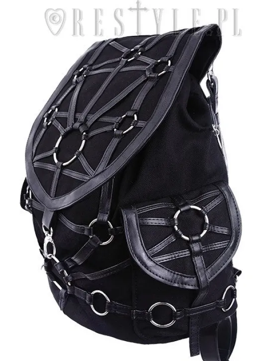 Czarny plecak z kieszeniami, harness, skórzane paski"O-RING BACKPACK"-Restyle Clearance