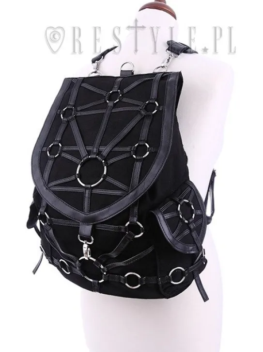 Czarny plecak z kieszeniami, harness, skórzane paski"O-RING BACKPACK"-Restyle Clearance
