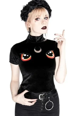 Czarny Top z Aksamitu haft kocie oczy I SEE YOU-Restyle Sale