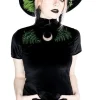 Czarny Top z Aksamitu haft paproć FERN VELVET TOP-Restyle Online